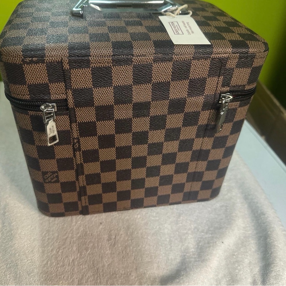 Checker Pattern Brown Train Case Makeup Bag - image 1
